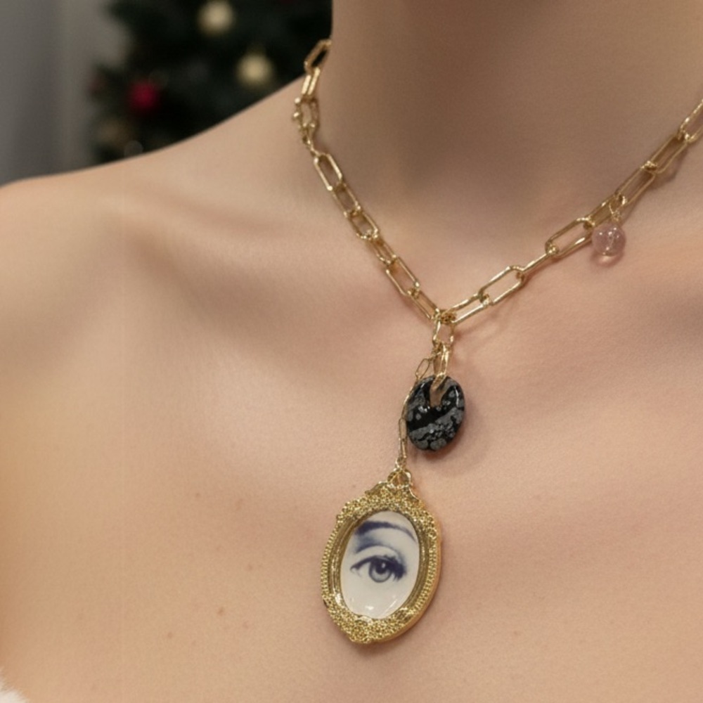 Fornasetti Golden paper clip chain Evil Eye Pendant Necklace 18in